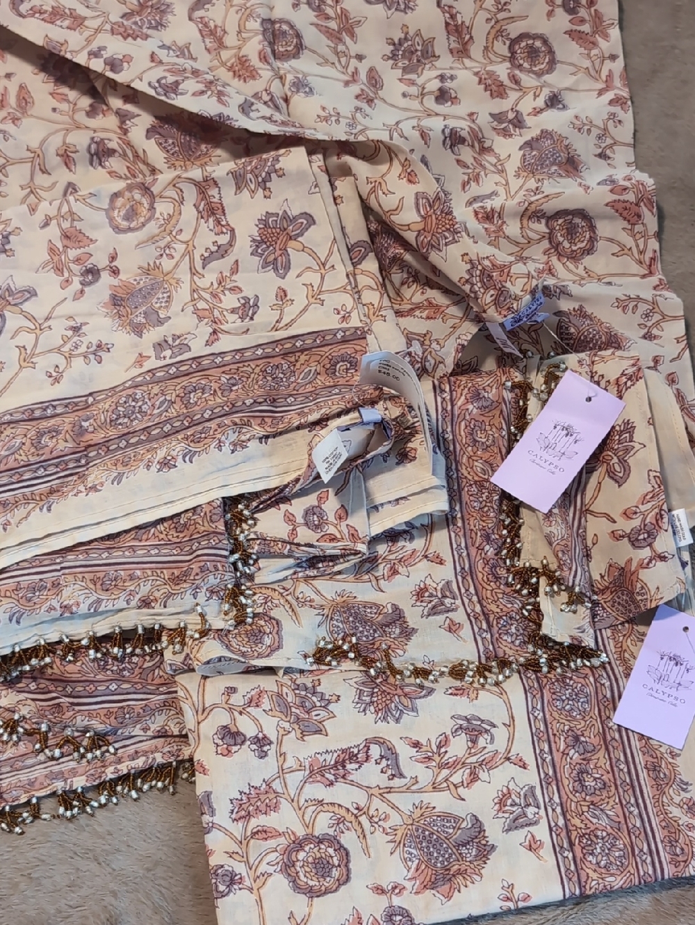 Calypso Christiane Celle Cream + Dusty Mauve Floral Beaded Swim Sarong Pareos